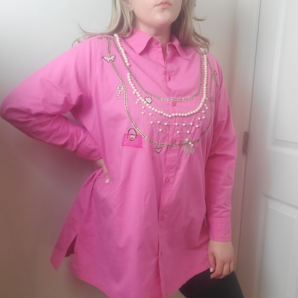 Pink Button Down Blouse with necklaces & beaded embellishments